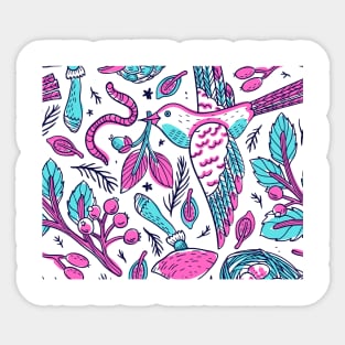 Blue and pink bird with worm and flowers pattern Sticker